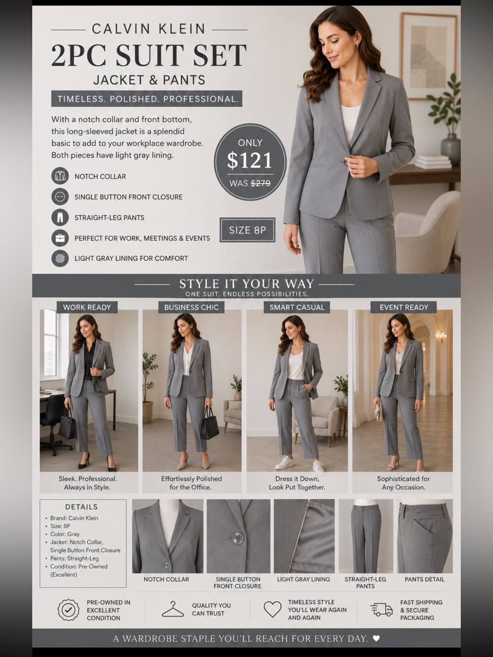 CALVIN KLEIN GRAY 2PC JACKET AND PANTS SUIT SET